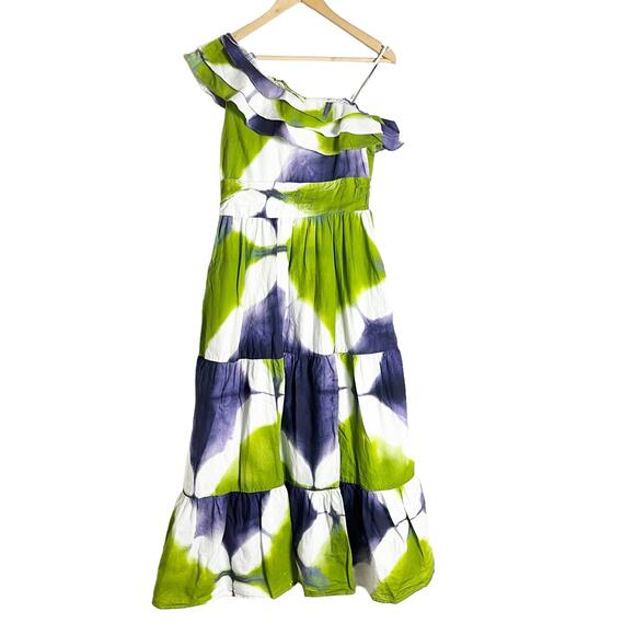 Busayo Collective One Shoulder Green Tie Dye Tiered Maxi Dress Size 8 - Picture 5 of 16